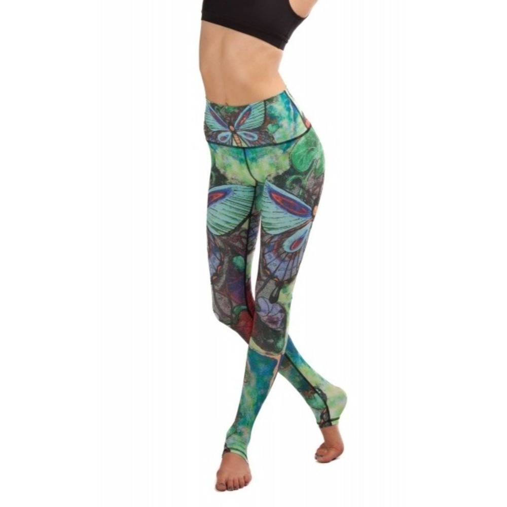 Yoga Democracy Butterfly Print High Waisted Leggings Green Small Boho Hippie